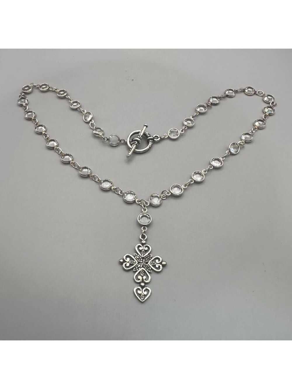 Cross Pendant Necklace Open Crystals Links & Toggle Closure JRB Sterling Silver